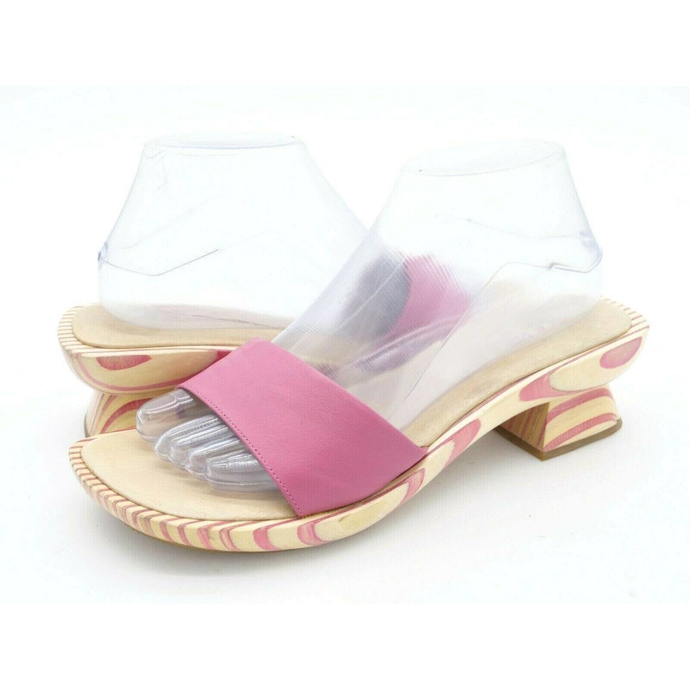 Vis A Vie Womens 9 Sandals Pink Leather Wood Slide Open Toe Slip On Summer Shoe
